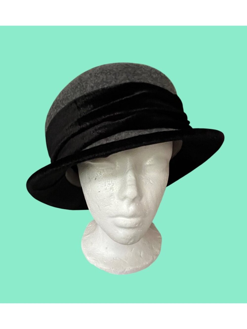 Vintage Gray & Black Wool Felt Cloche Hat With Velvet Ribbon Bow Accent
